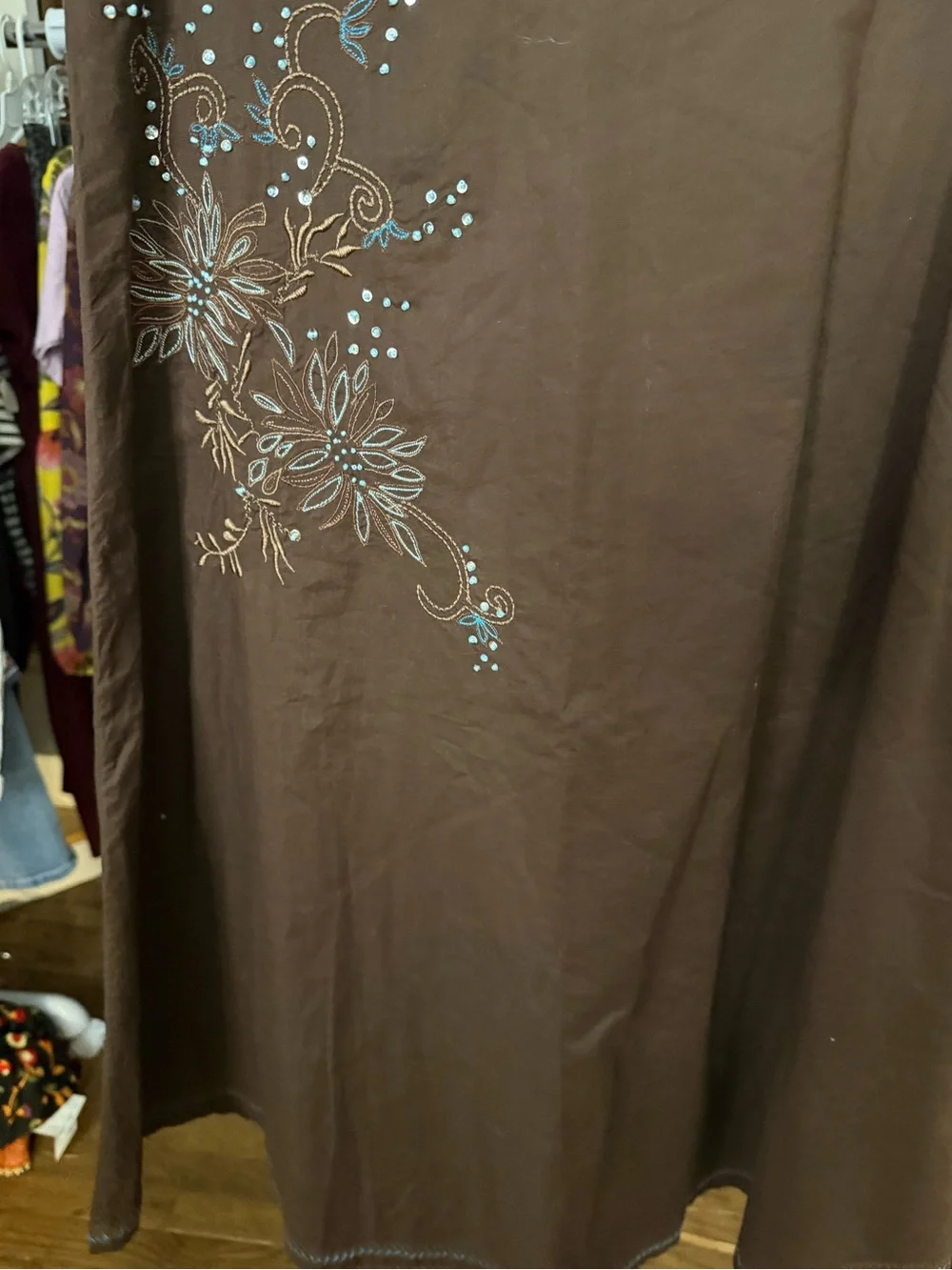 Brown Embroidered A-Line Maxi Skirt